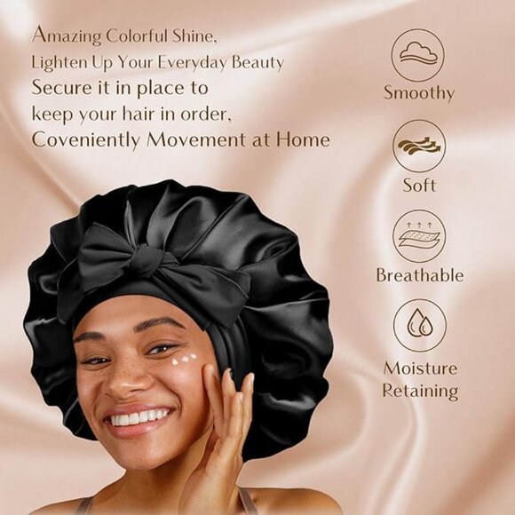 🆕 Women Silk Bonnet Black Satin Double Layer Lined Hair Tie Band Curly Natural - Picture 3 of 6